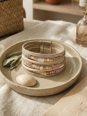 Vegan Leather Wrap Bracelet Champagne Multi Strand Beaded Magnetic Boho 7.5"
